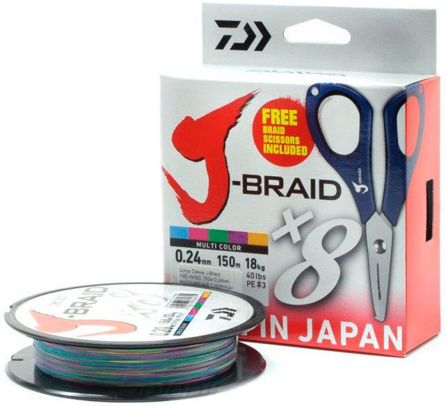 Шнур Daiwa J-Braid X8E-W/SC (Ножницы в комплекте) 150м 0.06мм (Многоцветный)