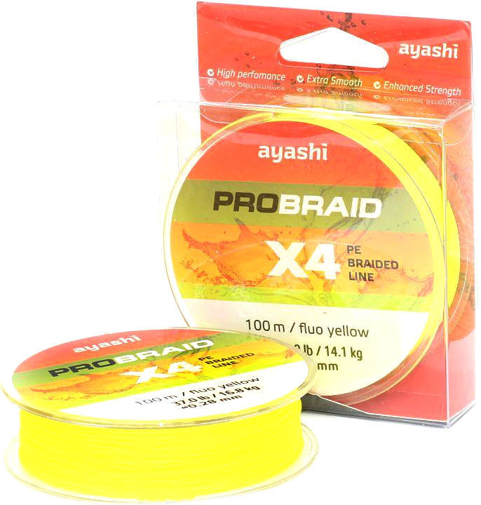 Леска плетеная Ayashi Pro Braid-X4 Fluo Yellow 100м 0.14мм (желтая)